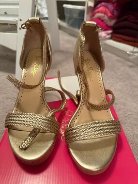 Lilly Pulitzer Gold Braided Ankle-Tie Platform Heels